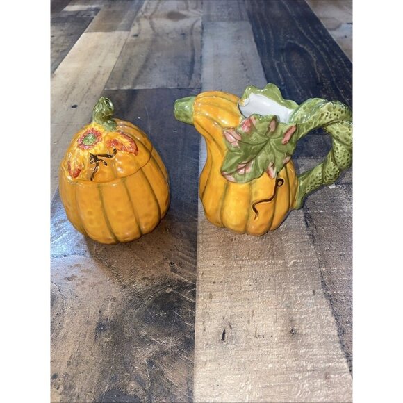 Unbranded Other - Autumn Fall Orange Pumpkin Gourd‎ Leaves Sugar Bowl and Creamer Set thanksgiving
